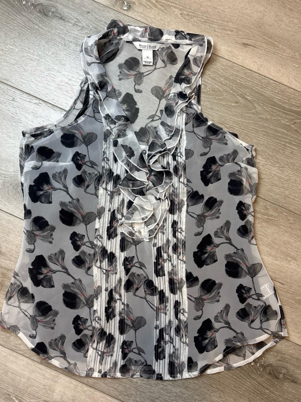 White House Black Market Floral Ruffle Pleated Chiffon Blouse w/ Liner - Size 10 - Picture 2 of 5